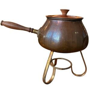 Vintage MCM Copper Fondue Pot Set Tagus Made in Portugal Brass Stand Wood Handle